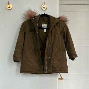 Zara girls olive green parka with pink faux fur hood time